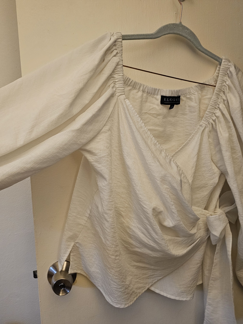 Eloquii Cream Wrap Tie Blouse with Gathered Shoulders